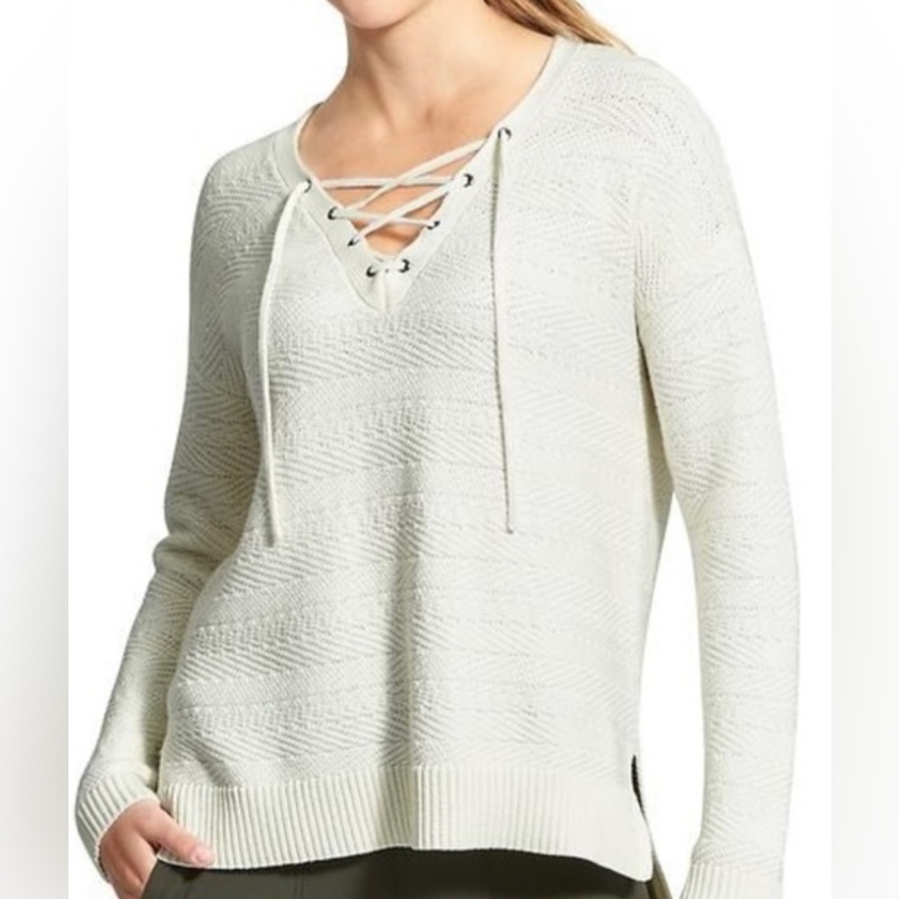Athleta Sunset Lace-Up Textured Lightweight Boho Sweater Winter White Size